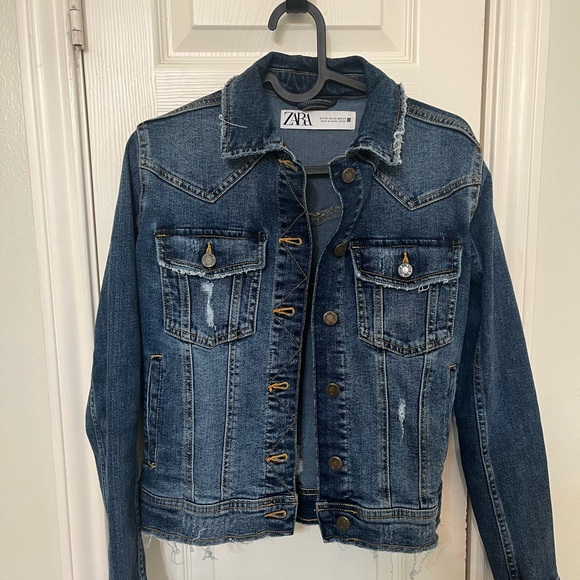 Zara Jackets & Blazers - Zara Dark Blue Distressed Denim Jacket